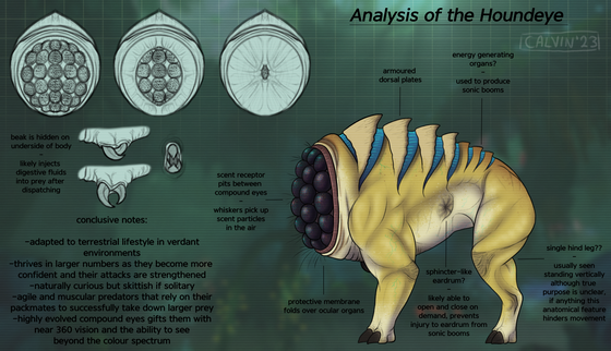 (Pre-Cascade) Houndeye analysis

the houndeye is such a complex and freaky little critter i just had to make one of these for it. i'm planning on also making a page for the scrapped hl2 beta houndeye as it is quite different from this variant :) i'm still going to make an analysis page for the green bullsquid too, stay tuned for that whenever it may be