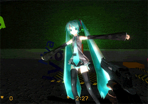 Custom particle system I made & custom animation for a miku CSS playermodel around 2010-ish.  Was ment to be a machinima version of this: ( https://www.nicovideo.jp/watch/sm11509720 ) but lost the project before I finished it and moved onto other things. This WIP gif is the only thing left of it