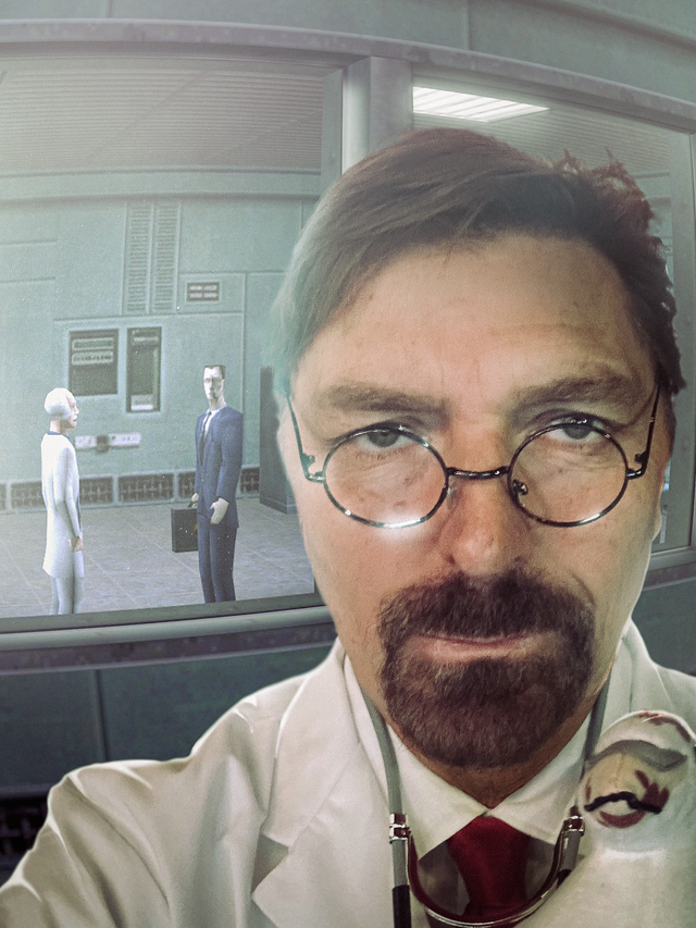 Robin Atkin Downes took a picture of him in Medic's outfit (from tf2), but for me Mr. Robin looks more like a scientist from Black Mesa