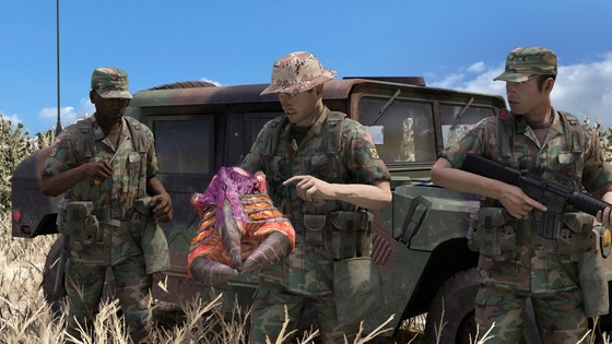 Members of the New Mexico National Guard attempt to remove an alien "rifle" from Cpl Salazar's arm outside Datil evac route, May 17, 2001. Proudest I've been of a render in a long while. Rendered in GMod, edited in Photoshop
