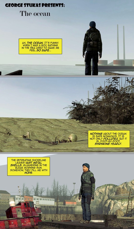 Back in 2006 a lot of comics were taking place by the coast in HL2, a trend most likely started by BrashFink’s Apostasy series, starring pensive characters using boxes to narrate separation, loss and nostalgia. 

Taking the idea from a Discord conversation, with a punchline stolen from the succint Mjolnir, I created this little fella as a homage and a lampoon to the coastal days of yore.