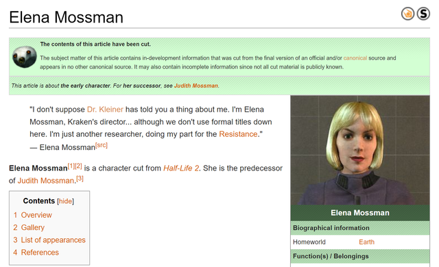 TIL that the name for Judith Mossman in the Beta was actually "Elena Mossman" and not "Helena Mossman", despite what most wikis say
https://combineoverwiki.net/wiki/Elena_Mossman