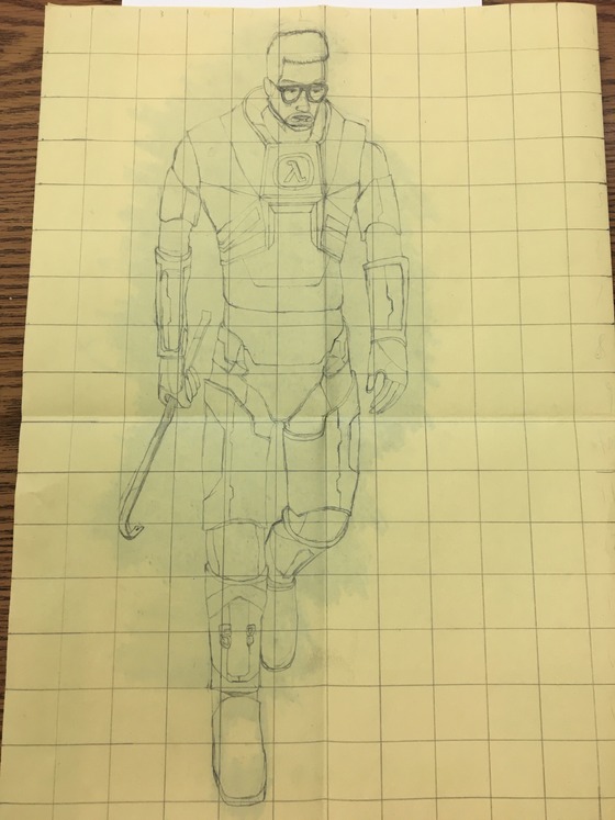Gordon Freeman Art Project (W.I.P)

In my art class, our current art project is to draw a picture of a character by using a grid, after that’s done we will then transfer it to a good copy paper and shade it in pen. We were allowed to chose any character so I went with Gordon Freeman. 
Even though this is just a redraw of an existing image, I’ve never been able to draw a character this good before so I am very proud at how it turned out.
Also Half-Life 2’s 19th anniversary was yesterday but I wasn’t able to post anything because my internet was down so consider this a late celebration gift for the game.