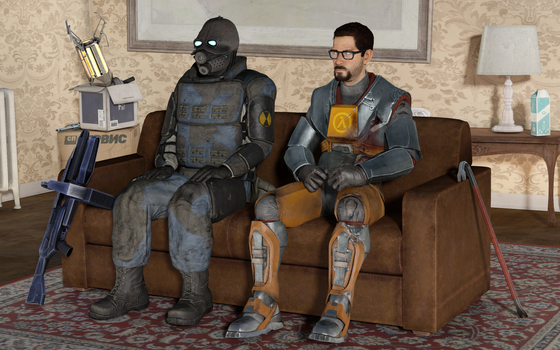 Happy 25th anniversary of Half-Life!
I wanted to make a huge battle thing with HECU marines but that would take me 15-20 business days to complete and I am a very  ̶l̶a̶z̶y̶  busy person so here's Freeman sitting on a couch with a Combine Soldier.
