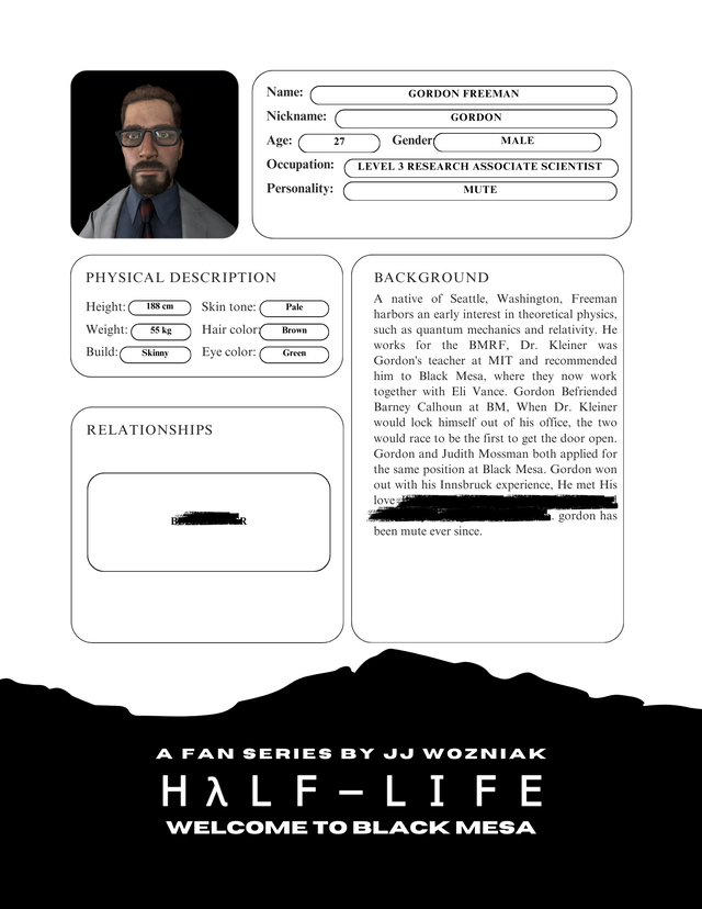Subject - Dr. Gordon Freeman

Half-Life: Welcome To Black Mesa:
A new 10 episode long Retelling of Half-life 1, Created by JJ Wozniak (@crazydogames) And Presented by @Cold-Chill-Studios.
