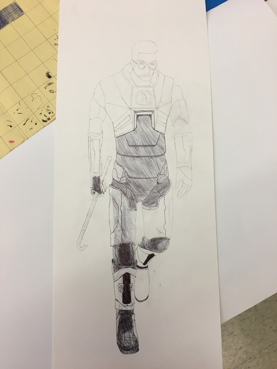 Gordon Freeman Art Project (W.I.P 2)
This is the good copy of my school art project. The shading with the pen turned out better than I expected (at least that’s what I think)! Alas, I didn’t have an orange pen when shading the HEV suit so it’s going to be black. 
Next post about this will be the finished product.