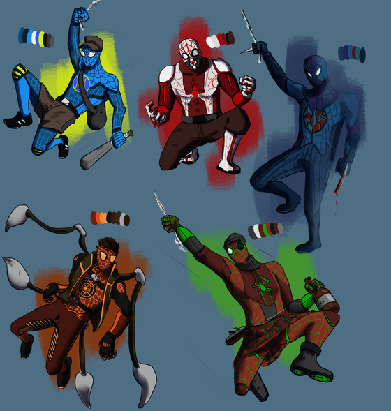 I'm in Spider-Verse mood and thought "What if Medic got an idea from any Spider-Man comics Scout may have and got some spiders, experimented, let them bite everyone and then the fun begins..."
So here are the first five mercs I had an image of as Spider-Men. Sniper has robot-australium powered legs inspired by Iron Spider and a way of making him a little more intimidating or creepy like the spiders of his country. I may do the rest, I don't know. 
I'm sorry, forgot to mention it was partially inspired by what em_doods (I think on Reddit) did with Scout. Their design is badass, sorry again