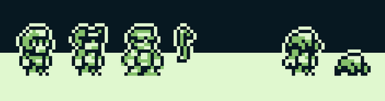 HALF-LIFE: GAMEBOY'D
-----
AKA Vaguely Gordon / Headcrab / Zombie / Scientist / Guard shaped sprites. This was all part of a small pixel-art test I'm doing just for practice, sticking as close as possible to the limitations of actual GB hardware, (Tested on GBstudio)

Currently the lil' headcrab is my favorite :3