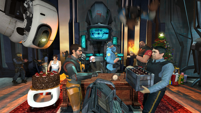 Breen decided to hold a Christmas party in his office in the Citadel for #Valvemas2023 and invited some friends across different Valve games!

Note: After Demo fell from the ceiling (which had no exposed beams), he broke an antique clock, globe, and Breen's phone, as well as 3 of his ribs. Miraculously, the desk survived the incident.