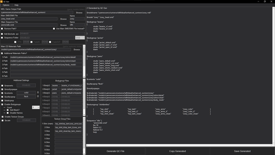 QC Gen is an Enhanced QC File Generator that builds your basic QC File for Source and GoldSrc Engines with just a few clicks

Current Stable Release — Version(0.4.2.6)
Download at http://srctools.net