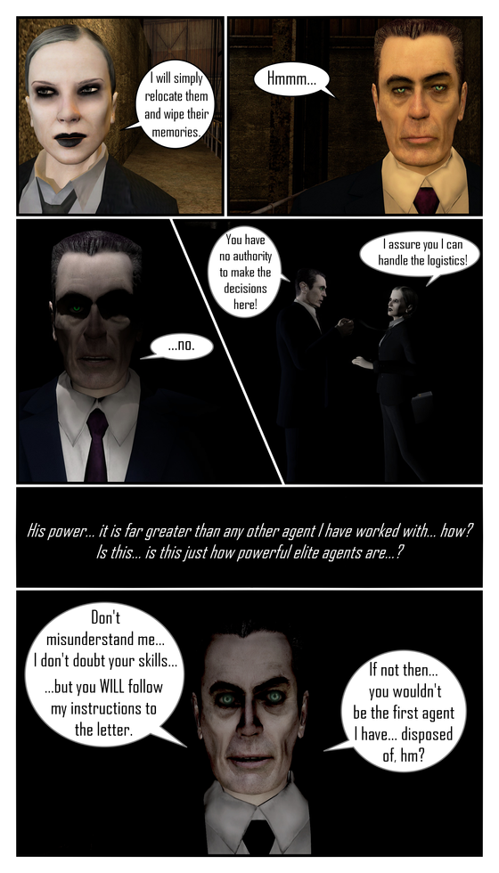 Unforeseen Consequences: The Facility - Part 3

I promise this is the last time G-Man is a jerk to Dusk!
Also the thought boxes on the third and last page are G-Man thinking, not Dusk. Rule is… if Dusk is in the panel, it’s her thinking… if she isn’t, it’s whatever character is the focus.

Better resolution: https://forums.metrocop.net/t/unforeseen-consequences-the-facility-part-3/362
Gallery version: https://www.deviantart.com/dusk-scythe/gallery/90723229/unforeseen-consequences
