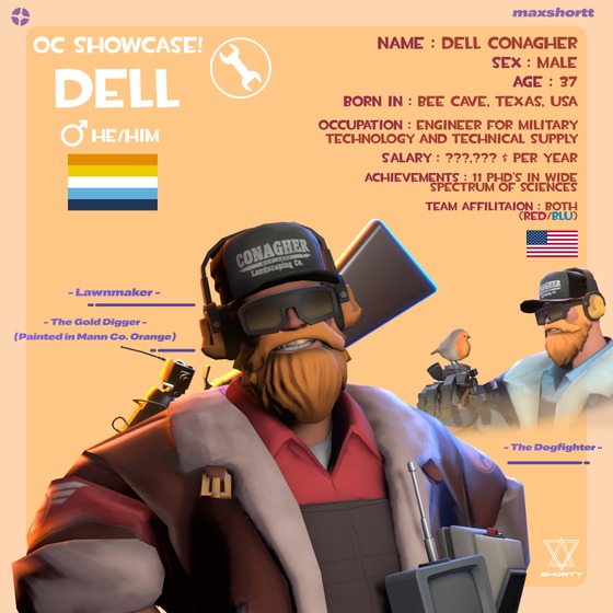 "Meet the Dell" - Original Character Showcase

Born in Bee Cave, Texas in 1940, even as a child young Dell showed signs of unimaginable genius in the fields of engineering, mathematics and physics. A benevolent and good-natured American, but at the same time vengeful and always purposeful on the path of killing his enemy by any means (even if not by his own hands, but by the forces of his ingenious buildings & devices) the specialist immediately came to the attention of the director of Mann. Co in the first place. By that time, Dell was no longer surprised by his work responsibilities and difficulties, having 11 PhD's from a variety of scientific fields & long engineering practice in West Texas mines.

If you still think that it is bloody impossible to expect anything serious from this low middle-age man in a silly green cap, who is telling corny dad jokes to cheer up his mates... If you think that you have right to insult an' blaming him for fun: as Dell said by himself once, when pulled up his fully-loaded shotgun in fullfiling rage - "𝘚𝘵𝘢𝘳𝘵 𝘱𝘳𝘢𝘺𝘪𝘯𝘨, 𝘣𝘰𝘺!".

"𝘐 𝘵𝘰𝘭𝘥 𝘺𝘢 𝘥𝘰𝘯'𝘵 𝘵𝘰𝘶𝘤𝘩 𝘵𝘩𝘢𝘵 𝘥𝘢𝘳𝘯 𝘵𝘩𝘪𝘯𝘨."

https://steamcommunity.com/sharedfiles/filedetails/?id=3179030463