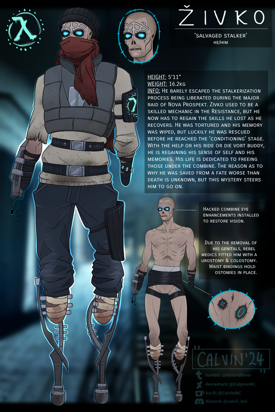 Meet my first HL2 OC, Zivko :)

The 'vort buddy' mentioned in his sheet is another OC I have planned, expect to see that at some point too.
Really happy with this dude, I thought that making a character who barely escaped being fully turned into a stalker would be an interesting concept, because as far as I know, nobody has.
