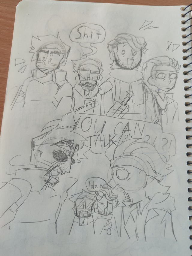 An au "What if after Entropy Zero 2 Aiden would join the resistance?" 
Cuz i think this has potential to be the most worst yet funniest interaction with main heroes- 
(Also yes Aiden is still transhuman but his face has less modified for this au, only the eye thingy cuz uh- zen influence or smth)

(I was bored at uni and this au created accidentally okay--)