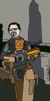 Art of Gordon Freeman in the pose of Chell from Portal