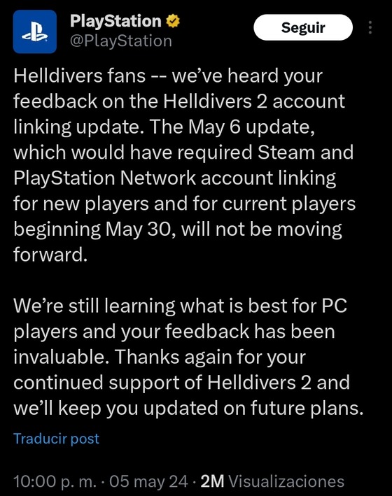 BREAKING NEWS

Sony has retracted and is moving backwards on the obligatory vinculation of a PSN account on Helldivers 2 for PC

This is incredible news, but..

Will sony unban the countries that are unable to have a PSN account ?

In any case, will the reviews on Steam be great again ??

#MakeHelldiversGreatAgain