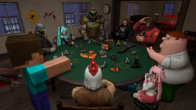 Made my second poster ever wich has Doom Slayer, Postal Dude, Soldier, Peter Griffin, Astolfo, Jacket, Steve, Aiden Pearce and Hatusne miku playing poker. Still a very begginer, so any feedback would be appriciated!