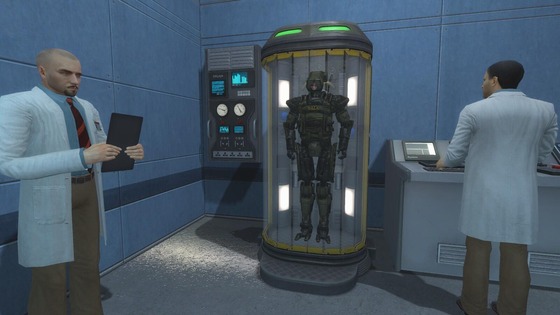 Black Mesa scientists testing the bipedal HECU robot performance of movement and weaponry abilities.