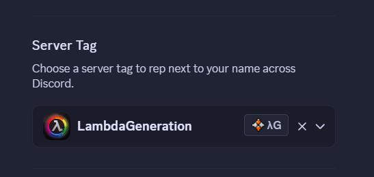 LambdaGeneration Discord Tag! 🏷️✨
We officially got our Discord Server Tag up and running 🙌
Show your support for LambdaGeneration with our shiny new LambdaGeneration Discord Tag! 🏷️✨
We would like to give a huge special thanks to the awesome servers boosters for making this possible. 💜
Want to use it? Just join our Discord Server and get the tag under user settings, and also get notified on live events and participate on various gamenights and other amazing events 👉 discord.lambdageneration.com
Thank you for helping us help you help us all.
